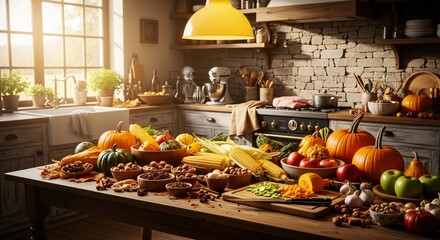 Autumn Harvest Kitchen Scene with Pumpkins and Cornucopia