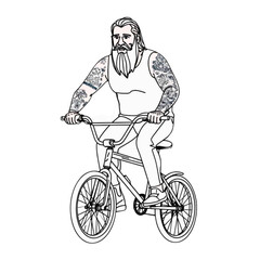 Tattooed man riding a bicycle in a minimalist line art style