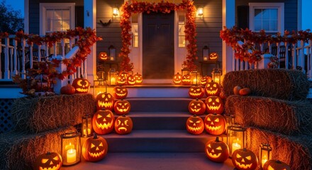 Halloween Decorated Porch Scene at Dusk