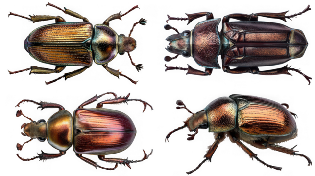 Four views of a metallic green and brown beetle isolated on transparent background