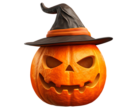 Halloween pumpkin wearing witch hat isolated on transparent background