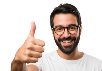 Happy man with glasses gives thumbs up gesture of approval and positive feedback transparent background