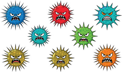 Angry germs, cartoon viruses, colorful microbes, menacing bacteria, health threat, disease alert, spiky pathogens, scary infection illustration