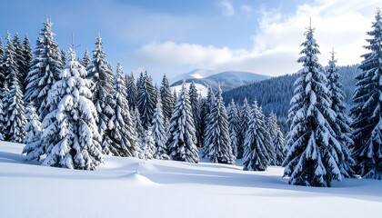 Fototapeta premium Snowy conifers blanketed in white snow, nestled against distant mountain peaks and under a vibrant blue sky with soft clouds