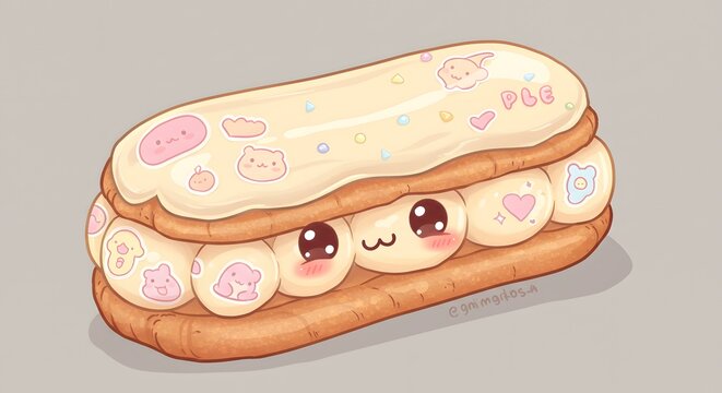 Cartoon &eacute;clair tower with blush cheeks, pastel sticker