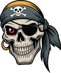 Vibrant cartoon illustration of a pirate skull wearing a bandana and eye patch, a menacing mascot for adventure, fantasy, and Halloween themes.