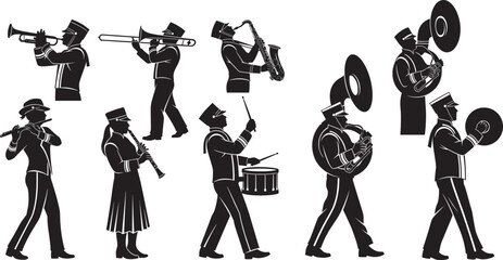 Silhouette marching band musicians, playing trumpet, trombone, saxophone, flute, clarinet, drum, tuba, cymbals, parade performance, festival celebration, street music