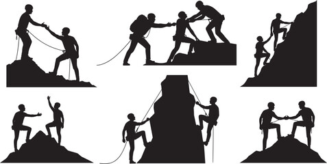 Silhouette mountain climbers teamwork, rock climbing, hiking adventure, helping each other, outdoor challenge, extreme sports, mountaineering success, rope safety, cooperation, determination © Rihan Creatives