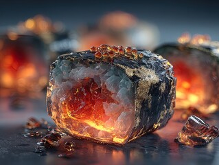 obsidian seaweed sushi roll: a stunning photorealistic close-up for high-impact sports interior posters - glossy black crystal with glowing interior in 8k detail!