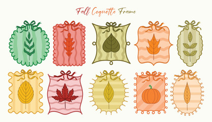 Hand drawn coquette frame with fall leaves, pumpkin, wavy lines, bow and ribbon. Cute elegant coquette for autumn decoration, greeting, wedding and prints