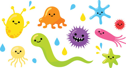 Cartoon germs, colorful microbes, smiling bacteria, cute viruses, educational design, hygiene awareness, fun microbiology, expressive cell characters