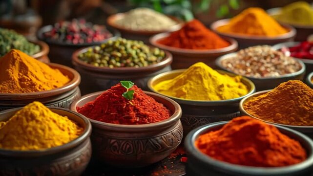 Vibrant Array of Aromatic Spices and Herbs in Bowls.