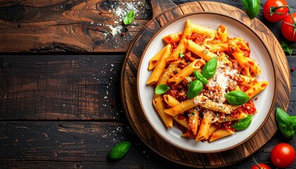Rustikales Holzbrett mit einem Teller Penne all&rsquo;Arrabbiata
