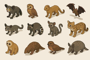 Obraz premium color illustrations of various animals from Madagascar. All animals are depicted in brown and gray tones against a light background.
