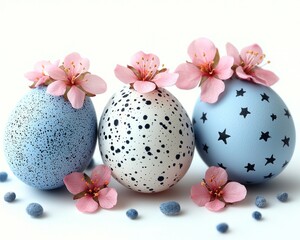 Three pastel-colored eggs decorated with flowers and polka dots, arranged on a white background