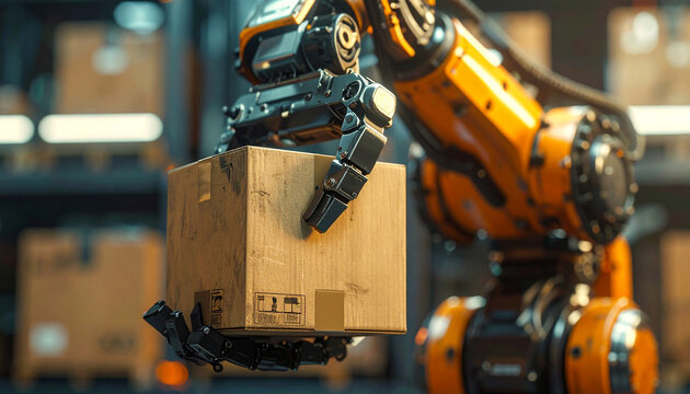 Robotic Arm Handling Box: A close-up shot of a state-of-the-art robotic arm carefully maneuvering a cardboard box in a high-tech warehouse environment, symbolizing efficiency and automation. - Powered by Adobe