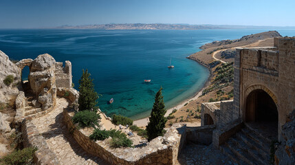 Ancient stone castle overlooking a calm turquoise sea boats and a sandy cove are visible below