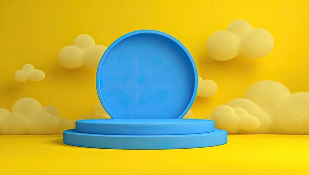 Blue circular podium on yellow background with clouds