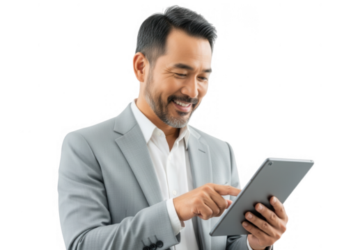 Smiling asian businessman in gray suit using tablet technology for business communication transparent background