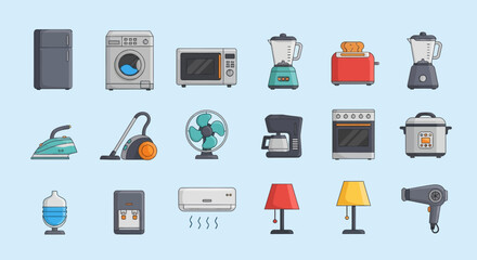 Colorful Household Appliances Collection - Modern Kitchen and Home Electronics Icons.