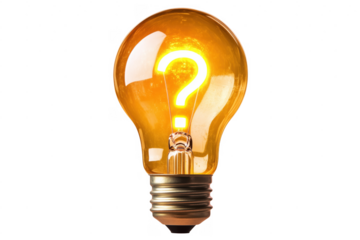 Bright illuminated lightbulb with a glowing question mark against a transparent background