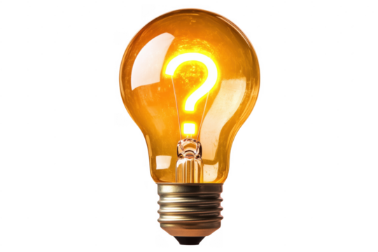 Bright illuminated lightbulb with a glowing question mark against a transparent background - Powered by Adobe