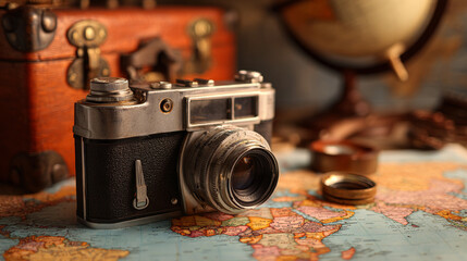 Vintage camera rests on a world map near a suitcase and globe ready for adventure