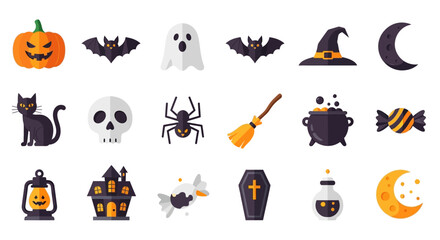 Flat Halloween Icons Set with Pumpkins, Ghosts, and Bats.