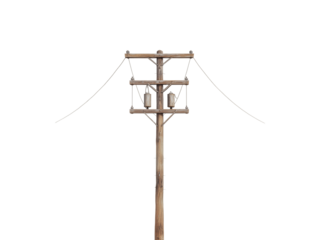 Wooden utility pole with power lines against isolated on transparent background, Clipart png