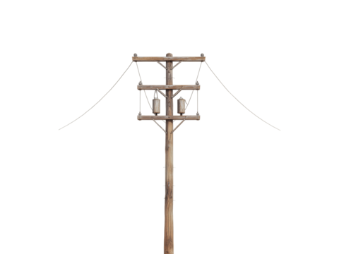 Wooden utility pole with power lines against isolated on transparent background, Clipart png
