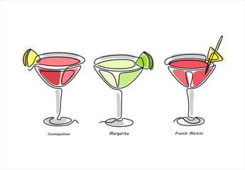 Cocktail Line Art Cosmopolitan, Margarita, French Martini. line icon-continuous line drawing. Editable stroke.