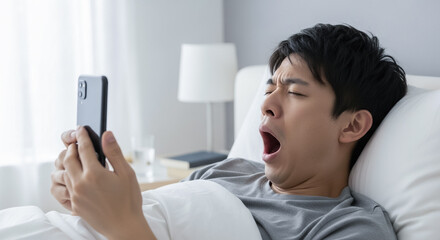 Obraz premium スマホの目覚まし（アラーム）で起きる男性