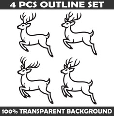 Set of Christmas Reindeer Outline vector illustration isolated On Transparent Background