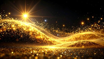 Golden Sparkle Wave Abstract Background with Bright Light Burst.