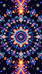 Vibrant psychedelic mandala pattern with intricate floral and geometric designs in neon colors on a dark background