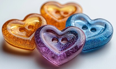 Close-up of four colorful heart-shaped buttons
