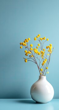 Yellow flowers in a white vase against a light blue background