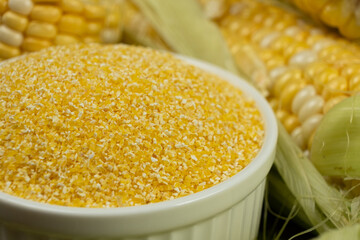 Close-up of raw uncooked gluten-free corn grits.
