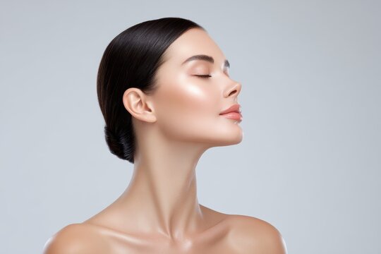 Woman face portrait beauty skincare model Clean and fresh skin Perfect complexion Natural makeup Studio shot