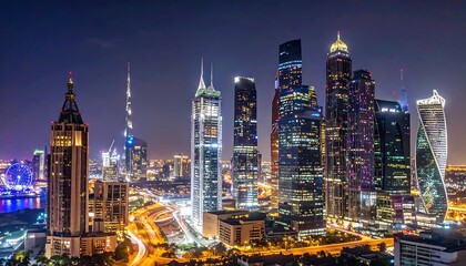 Fototapeta premium Nighttime panoramic view of a gleaming, modern metropolis with tall skyscrapers, illuminated structures, and city lights against a dark blue sky