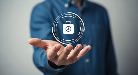 Man presenting a digital security icon in his open palm with a blue shirt and light background