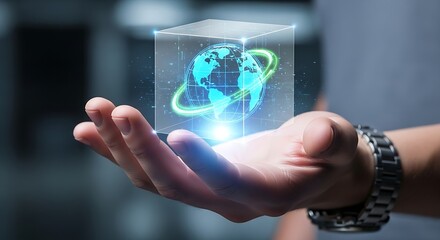 Hand holding a holographic globe inside a translucent cube with a green ring around the earth
