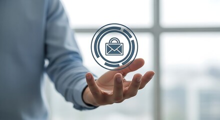 Person holding digital secure email icon with padlock in palm of hand against window background