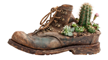 Small cactus growing inside a worn hiking boot on white background 