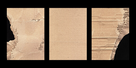 Corrugated kraft cardboard texture trio on a black background

