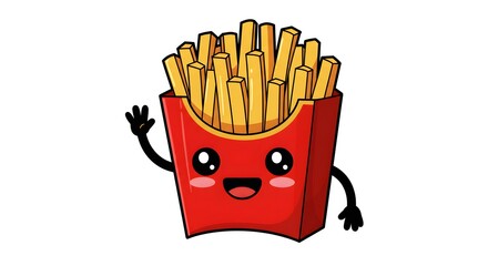 French fries box waving happily, kawaii fast food sticker