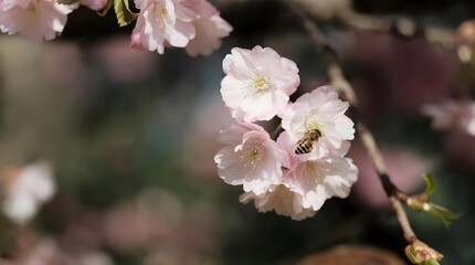 Peach blossoms and bee dance in spring