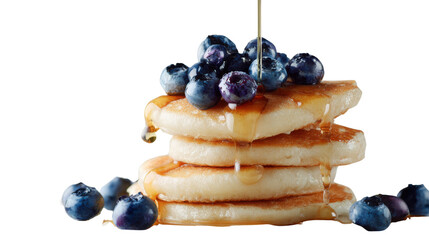 Stack of pancakes topped with fresh blueberries on white background 