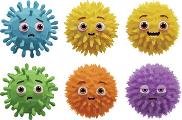cartoon germ set, colorful virus characters, expressive microbes, fuzzy pathogens, kids clipart, educational illustration, medical cartoon design