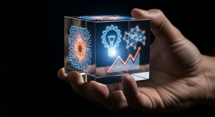 Hand holding a transparent cube with digital icons representing technology and data analysis shown